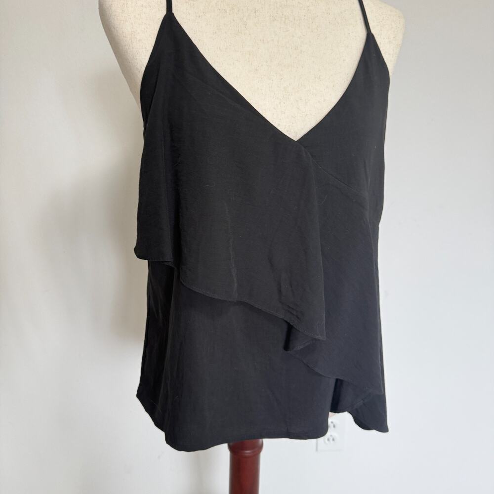 Lovestitch Tank Top Womens Medium Black V-Neck Spaghetti Strap Ruffle